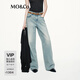 MO&Co.【神褲】牛仔褲2025秋新品棉質(zhì)燙鉆工藝淺藍寬松長直筒MBE3JENT09 牛仔藍色 L /L
