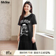 MsShe【珠地棉】大碼女裝2025夏裝胖mm閃粉印花拼接百褶T恤連衣裙 黑色現(xiàn)貨 3XL