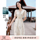 香影（xiangying）v領(lǐng)連衣裙女2025夏季新款泡泡袖絕美蝴蝶印花收腰顯瘦仙女裙 米色 M