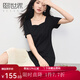 熙世界sllsky2025夏季新款女裝法式赫本風方領(lǐng)撞色魚尾拼接短袖連衣裙 摩登黑 L
