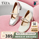 他她TATA女鞋甜心瑪麗珍鞋高跟粗跟小皮鞋羊皮單鞋子7ACC1CQ4米白 37