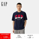 GAP男女裝2025夏季新款棉質(zhì)雙色拼接logo短袖T恤寬松上衣727951