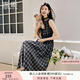 香影黑色格子無袖連衣裙女2025秋季新款復(fù)古法式中長款收腰a字裙 黑色 S 55/80A/85-95斤