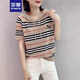 羅蒙（ROMON）夏季短袖t恤女2024新款寬松顯瘦時(shí)尚連帽衛(wèi)衣條紋針織衫女士上衣 卡其色條紋 XL （115-130斤）