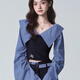 邦帛世美式拼接兩件套女2025秋季新款一字肩長袖襯衫+寬松闊腿休閑長褲 美式藍(lán)+黑拼接兩件套 M 適合（101-115）