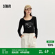 森馬（Semir）【甜心女高】長(cháng)袖t恤女短款緊身蕾絲花邊上衣24新款甜美印花外穿 黑色90001 L