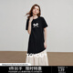 初語休閑寬松撞色拼接設(shè)計(jì)蝴蝶結(jié)印花T恤裙女2025夏季新款連衣裙 黑色 M