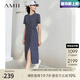 AMII開學(xué)季換新裝七夕禮物夏季新款條紋連衣裙女收褶休閑裙子高開叉長(zhǎng) 深海藍(lán)白條 165/88A/L