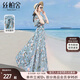 絲柏舍沙灘風(fēng)連衣裙2024夏裝V領(lǐng)優(yōu)雅花色顯瘦大擺裙