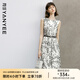 顏域水墨印花連衣裙女2024新款夏裝復(fù)古優(yōu)雅背心裙中長款圓領(lǐng)裙子 黑白花 M/38