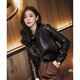 京功海寧真皮皮衣外套山羊皮女式短款2025春秋季修身優(yōu)雅覆古摩托韓式 黑色[高品質(zhì)] 2XL 120-130斤