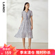 LANDIv領(lǐng)系帶印花連衣裙淺藍(lán)色短袖中長(zhǎng)裙子夏季女裝 淺藍(lán)色 M