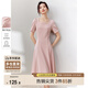 尚都比拉短袖連衣裙女夏季時尚通勤中長款a字裙釘珠收腰顯瘦裙子 粉色 L
