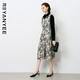 顏域秋裝印花背心連衣裙女2025法式復古顯瘦V領(lǐng)中長(cháng)裙子 黑花 L