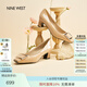 NINE WEST/玖熙高跟鞋粗跟新款真皮通勤方頭金屬扣女士單鞋 杏色 36