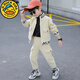 G.duck男童帥氣秋裝套裝2025春秋款童裝男孩兒童時(shí)髦炸街休閑條絨兩件套 米白色 130 cm