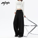 MJ STYLE美式復古西裝休閑褲女春秋季通勤高腰顯瘦寬松闊腿彎刀褲 黑色 L