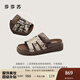 莎莎蘇[孫雪寧同款]2025夏新款增高魔術(shù)貼一字拖百搭厚底拖鞋外穿 淡灰杏色/暗棕色 34