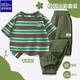 唐獅秋季新款男童休閑套裝條紋上衣T恤戶(hù)外工裝褲潮 綠灰 140