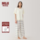 無(wú)印良品（MUJI）女式 棉質(zhì) 家居服套裝 女士睡衣女款早秋純棉 短袖 FD1KRA4A 煙熏藍色格紋 XL 上裝165/92A，下裝165/74A