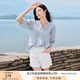 香影【王楚然明星同款】白色娃娃衫上衣女夏含亞麻小衫淡人薄v領(lǐng)襯衫 藍色 L 165/88A/110-125斤