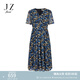 玖姿（JUZUI）優(yōu)雅通勤風(fēng)印花紗羅收腰連衣裙女2025夏季新款JLFX50044 花丈青 3XL