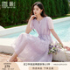 香影薰衣草紫印花連衣裙女2025夏裝新款收腰系帶溫柔風(fēng)泡泡袖裙子 淺紫 M 160/84A/95-110斤