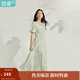 茵曼（INMAN）度假風(fēng)法式印花連衣裙2025夏季女裝新品浪漫泡泡袖收腰長(cháng)裙  青綠江山 M