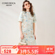 科蒙博卡2024春夏真絲新款暈染印花連衣裙女短袖寬松桑蠶絲裙子 白底印花 XL