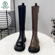 啄木鳥(niǎo)厚底長(cháng)筒靴女2025新款春秋款真皮靴子高跟騎士靴小個(gè)子不過(guò)膝長(cháng)靴 黑色單里 35