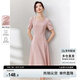 尚都比拉短袖連衣裙女夏季時尚通勤中長款a字裙釘珠收腰顯瘦裙子 粉色 L
