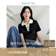 茵曼休閑條紋正肩T恤夏季女裝設計感POLO領顯瘦短袖 午夜黑 XL