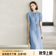 顏域新中式女裝連衣裙2024新款夏裝優(yōu)雅氣質百褶裙短袖中長款裙子 藍色 M/38