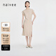 納薇（naivee）春夏高級設計感時(shí)尚飛袖腰部皺褶知性修身連衣裙女 卡其 M 165/88A
