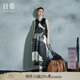 日著原創(chuàng)設(shè)計(jì)女裝2025秋季新款高級(jí)感絲麻印花拼接V領(lǐng)長(zhǎng)連衣裙子 尋黑 S