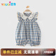 優(yōu)奇嬰兒衣服女童夏款花邊格子連體衣夏季女寶寶可愛(ài)飛飛袖夏裝外出服