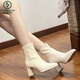 啄木鳥(niǎo)韓版學(xué)院風(fēng)高跟短靴2025年秋冬新款白色瘦瘦靴法式方頭粗跟馬丁靴 米白色 37