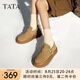 他她（TATA）熱可可冬加絨勃肯鞋女鞋厚底保暖毛毛鞋雪地靴新WDX27DM4 黃棕（仿毛里） 37