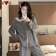 雅鹿長(cháng)袖睡衣女2025新款春秋季棉質(zhì)蕾絲邊薄款可愛(ài)娃娃領(lǐng)家居服可外穿 純色灰色花邊-長(cháng)袖長(cháng)褲 XL建議110-125斤 均碼