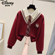 迪士尼兒童女童春秋polo領(lǐng)紅色衛衣中大童秋冬加絨新款學(xué)院風(fēng)假兩件上衣 酒紅色款 加絨 170
