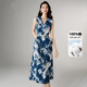 晚白【斷碼清倉】100%純棉印花長(cháng)裙輕熟風(fēng)V領(lǐng)連衣裙【不含腰帶】 牛仔藍 XL
