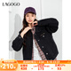 lagogo黑色翻領(lǐng)牛仔短外套女拉谷谷春秋新款休閑顯瘦通勤繡花上衣 牛仔黑(W0) M