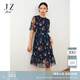 玖姿（JUZUI）輕熟風(fēng)壓褶印花收腰顯瘦輕薄雪紡連衣裙女夏款 花深藍(lán) M
