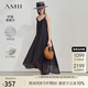 AMII2025夏肌理感萊賽爾釘珠花朵V領(lǐng)吊帶裙連衣裙女小黑裙子12542047 黑色 2XL