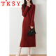 TKSY秋冬新款羊絨寬松長(cháng)款連衣裙女圓領(lǐng)休閑長(cháng)袖純色羊毛針織直筒長(cháng)裙 磚紅色 L
