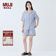 無印良品（MUJI）女式?jīng)龈须p層紗織短袖睡衣套裝女士家居服女款25年夏季涼感物語 藏青色豎條紋 S -M(上裝160/84A下裝160/66A)