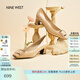 NINE WEST/玖熙高跟鞋粗跟新款真皮通勤方頭金屬扣女士單鞋 杏色 36