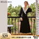 Olrain【七夕】歐芮兒赫本風連衣裙女秋冬收腰顯瘦法式復古拼色翻領(lǐng)長裙 黑色 L 165/88A
