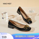 NINE WEST/玖熙低跟單鞋牛漆皮淺口方頭金屬飾扣工作女鞋NF445006FK 黑色38