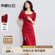 尚都比拉法式連衣裙女夏季方領(lǐng)堆堆袖情人節禮物浪漫波點(diǎn)抽褶開(kāi)叉A字裙